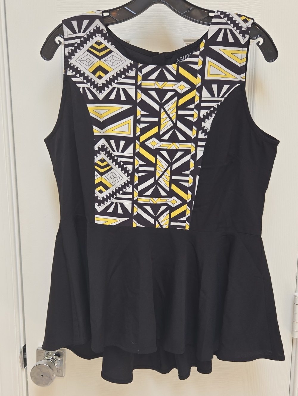 Ashro Black Peplum Tank with Yellow and White Geometric Panel